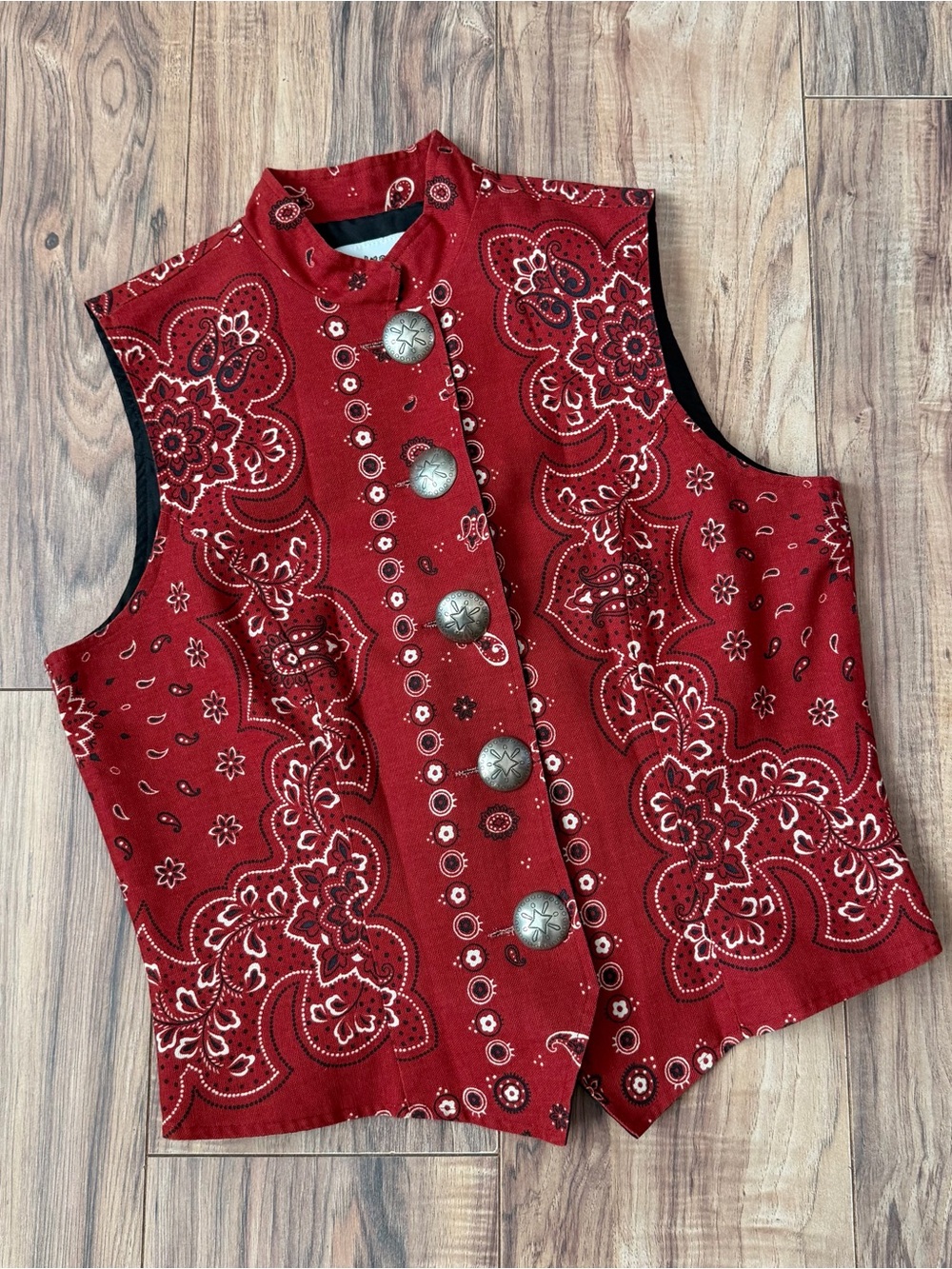 Retro Vintage Cactus Flower Bandana Print Vest Large Silver Aztec Buttons Size:M